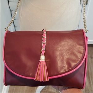 Burgundy with pink detailing crossbody bag with chain strap